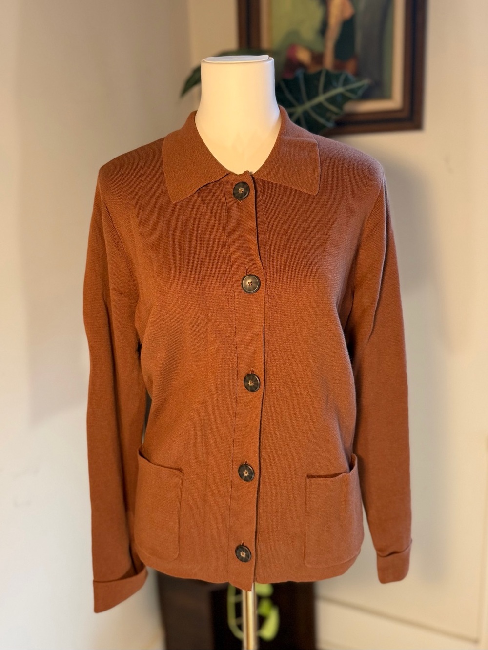 J. Jill Cinnamon Brown Knit Sweater Jacket Collared Button Cardigan Sezane Dupe